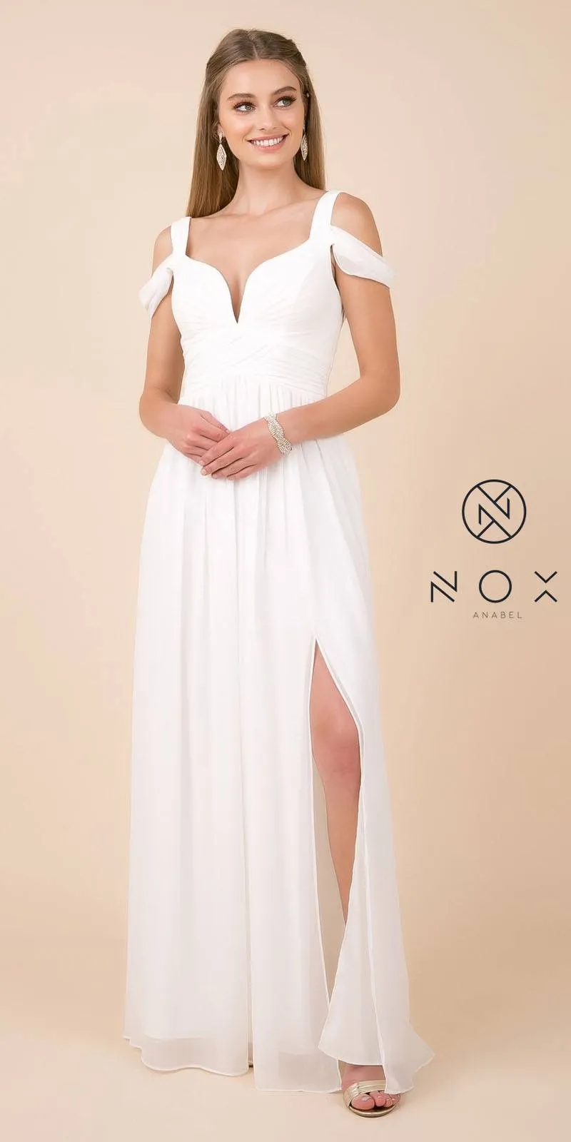 CLEARANCE - Nox Anabel Y277W Cold-Shoulder Long A-Line Chiffon Dress (Size L)