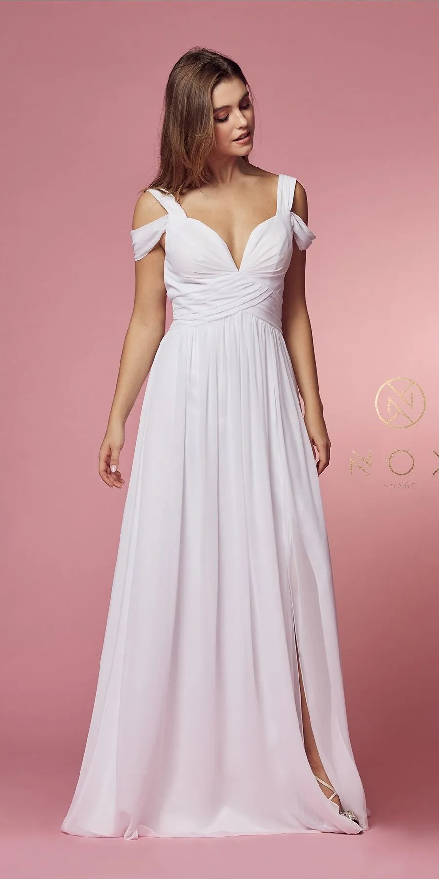 CLEARANCE - Nox Anabel Y277W Cold-Shoulder Long A-Line Chiffon Dress (Size L)