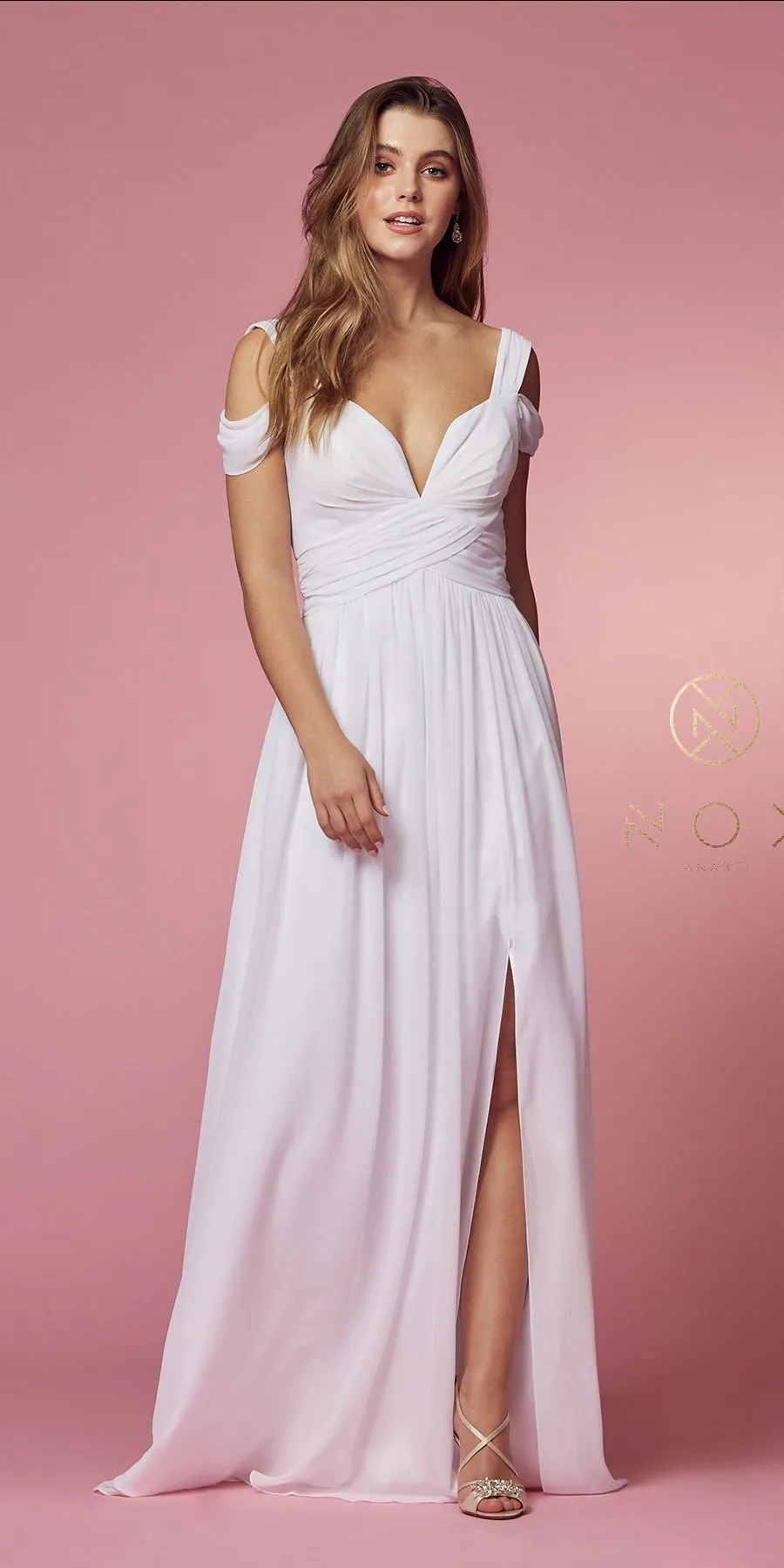 CLEARANCE - Nox Anabel Y277W Cold-Shoulder Long A-Line Chiffon Dress (Size L)