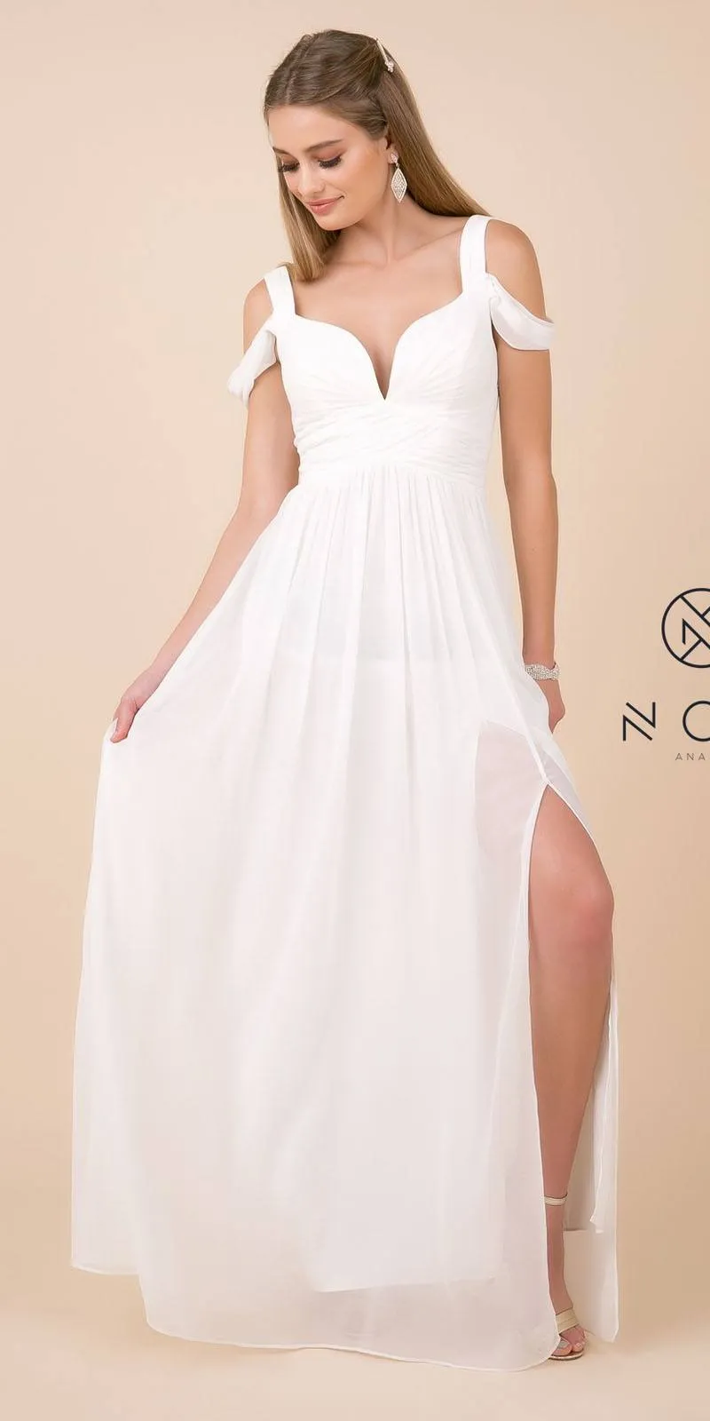 CLEARANCE - Nox Anabel Y277W Cold-Shoulder Long A-Line Chiffon Dress (Size L)