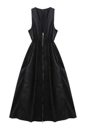 COLLINS 2-way Zip V-neck Midi Dress (Black)