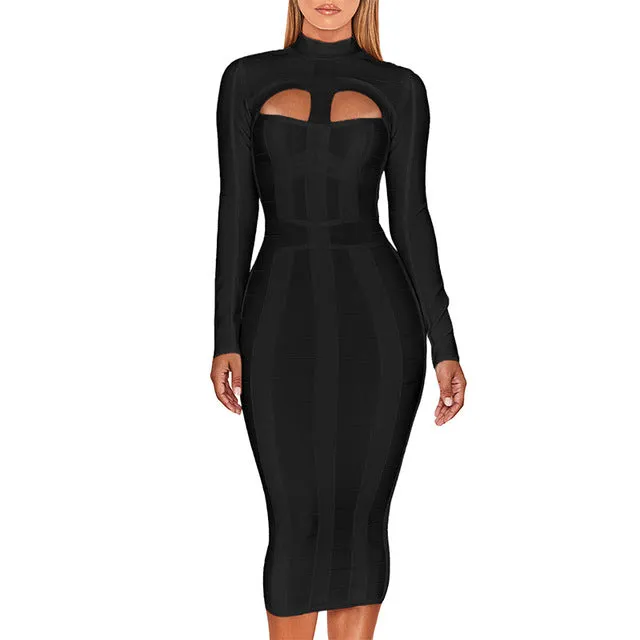 Cut Out High Neck Long Sleeve Party Midi Dress