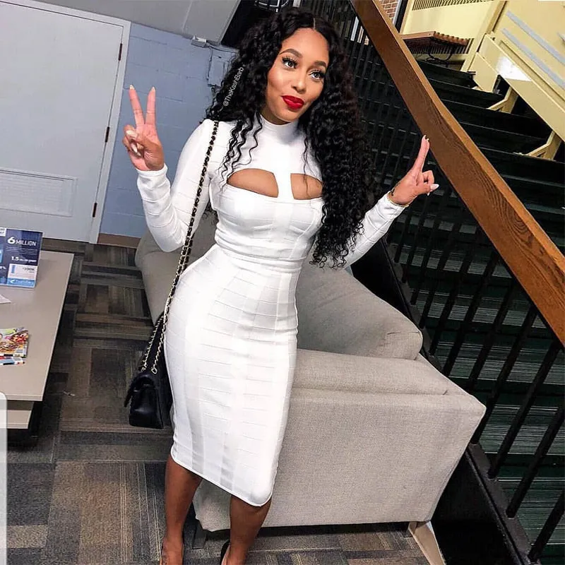 Cut Out High Neck Long Sleeve Party Midi Dress