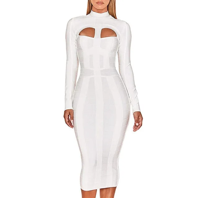 Cut Out High Neck Long Sleeve Party Midi Dress