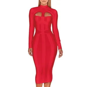 Cut Out High Neck Long Sleeve Party Midi Dress