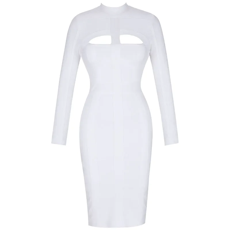 Cut Out High Neck Long Sleeve Party Midi Dress