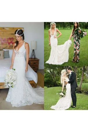 Deep V Neck Appliques Backless Trumpet Beach Lace Mermaid Bohemian Wedding Dress-715340