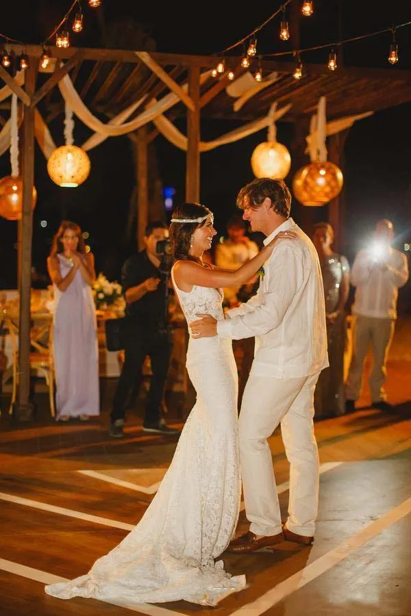 Deep V Neck Appliques Backless Trumpet Beach Lace Mermaid Bohemian Wedding Dress-715340