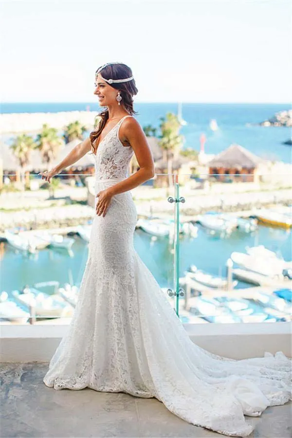 Deep V Neck Appliques Backless Trumpet Beach Lace Mermaid Bohemian Wedding Dress-715340