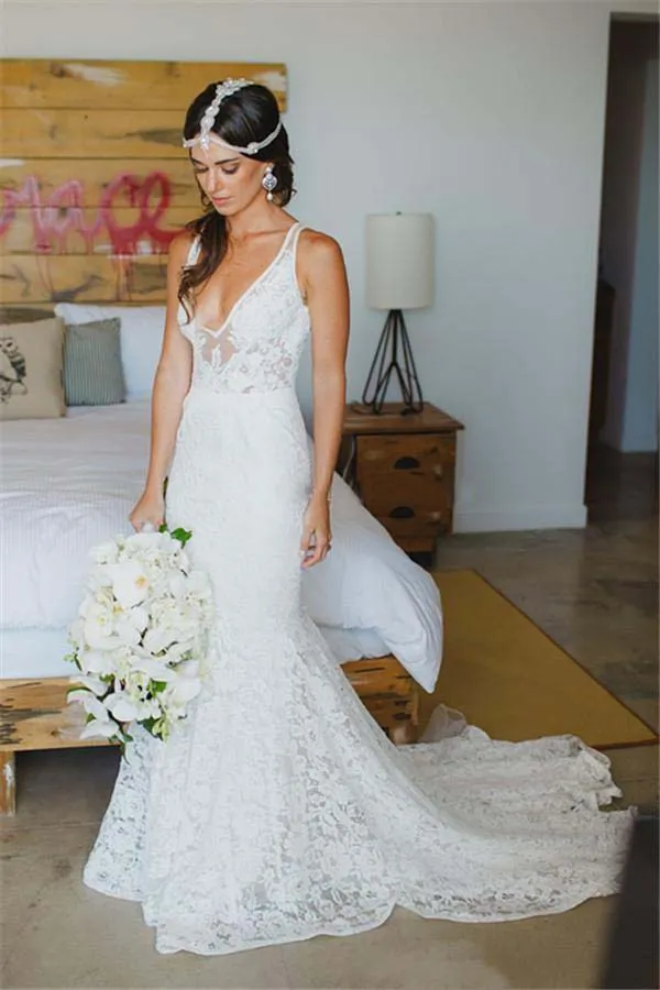 Deep V Neck Appliques Backless Trumpet Beach Lace Mermaid Bohemian Wedding Dress-715340