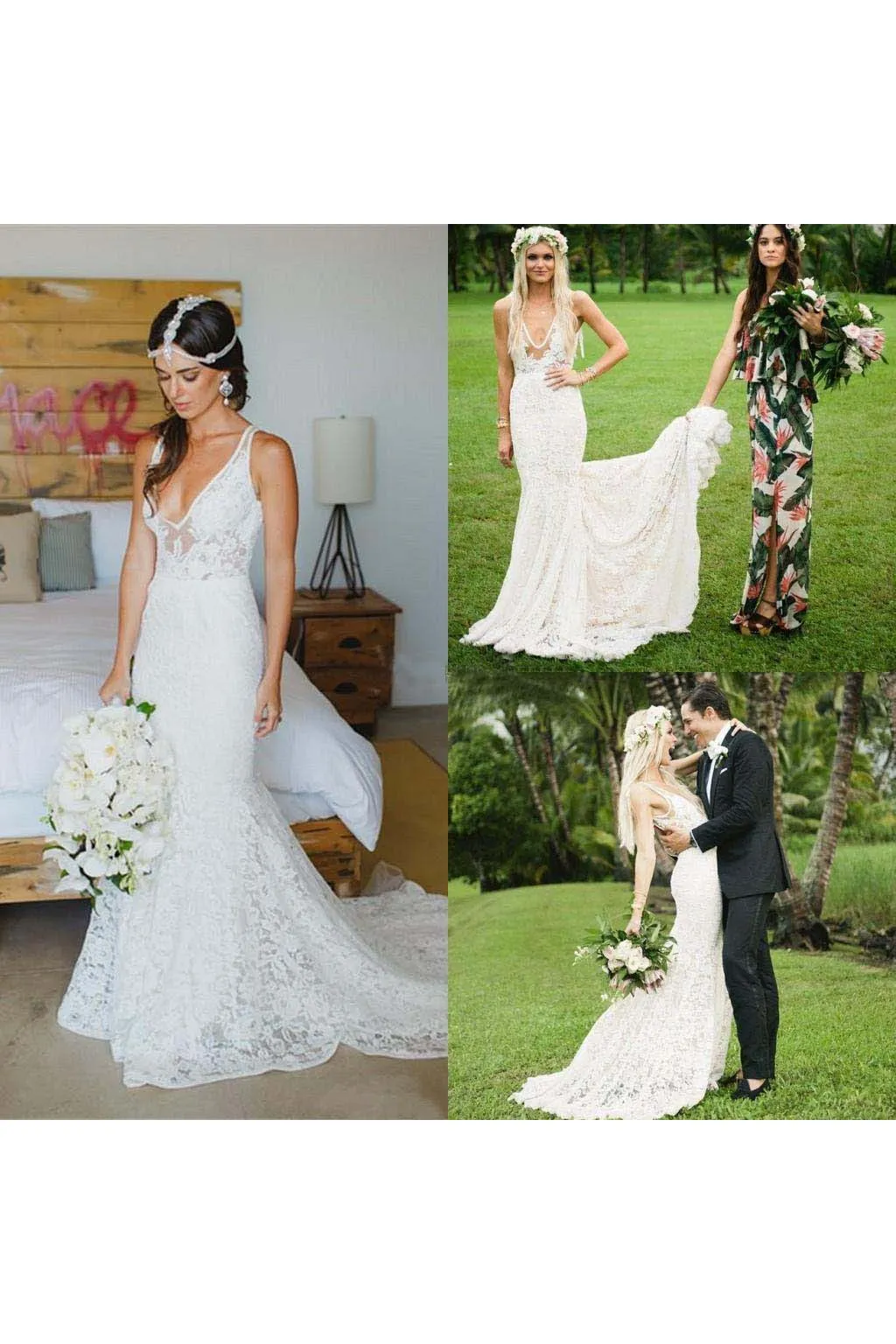 Deep V Neck Appliques Backless Trumpet Beach Lace Mermaid Bohemian Wedding Dress-715340