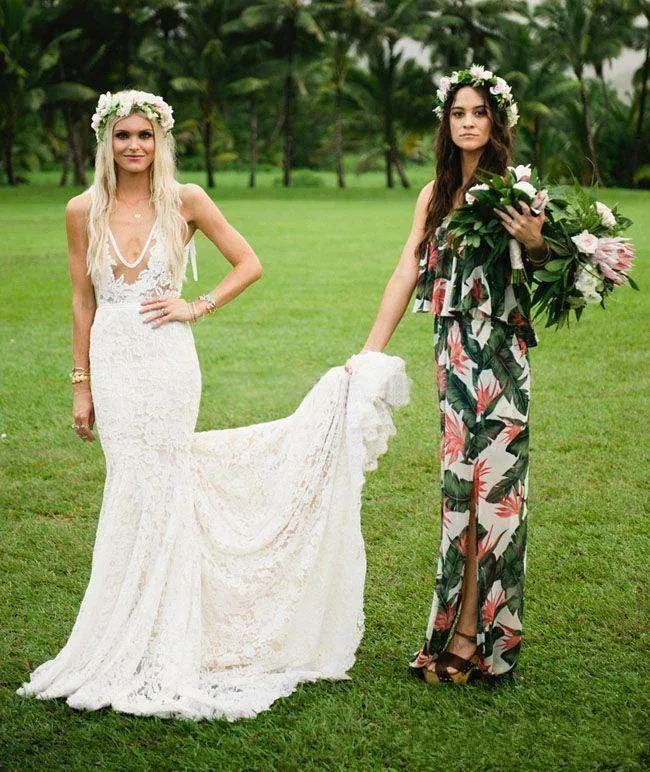 Deep V Neck Appliques Backless Trumpet Beach Lace Mermaid Bohemian Wedding Dress-715340