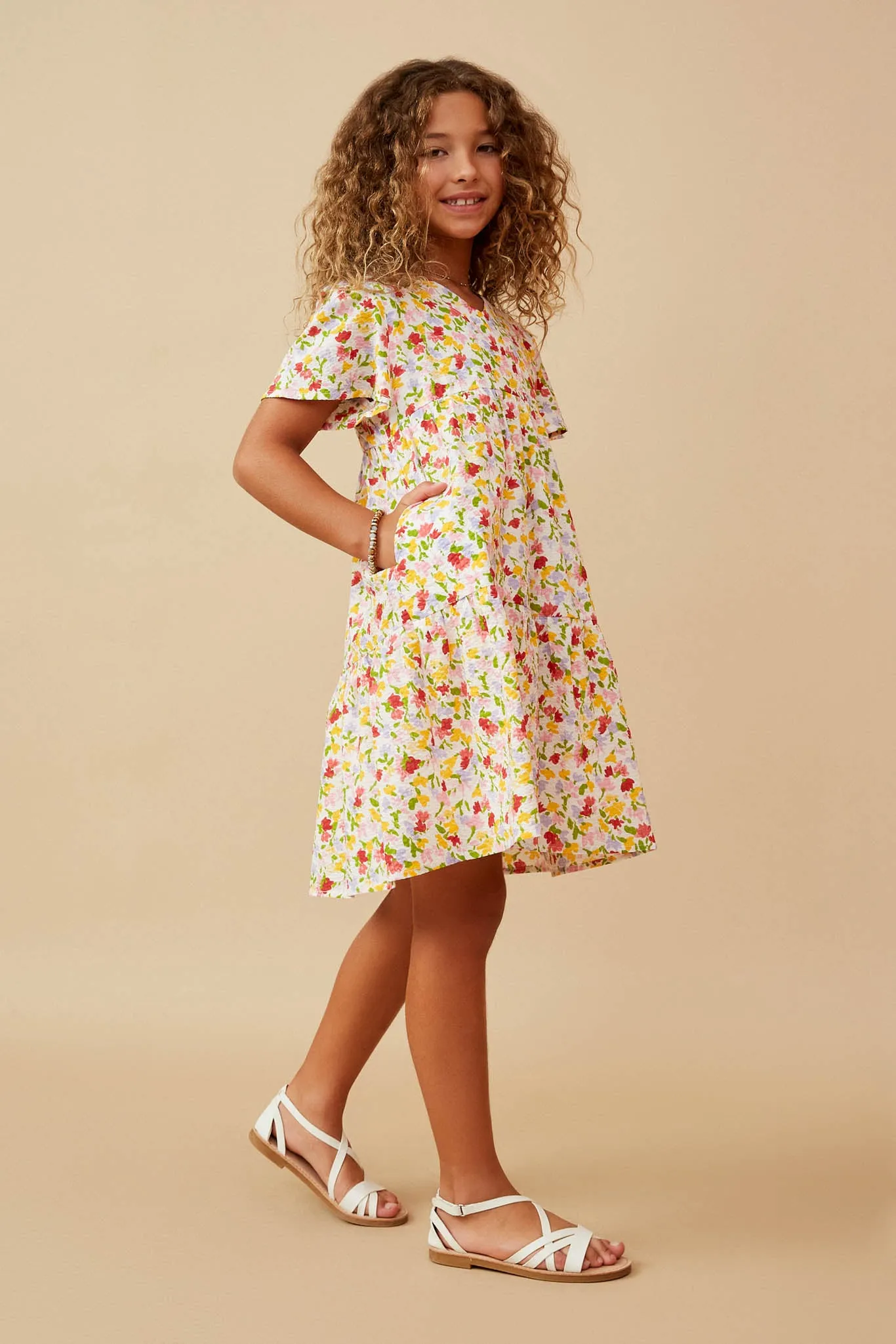 Ditsy Floral V Neck Flutter Sleeve Dress