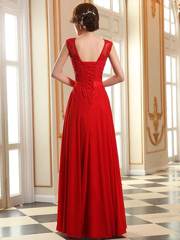 Eleagnt Evening Dresses Soft Pink Lace Applique Evening Dresses Chiffon Sleeveless Sash Floor Length Formal Gowns