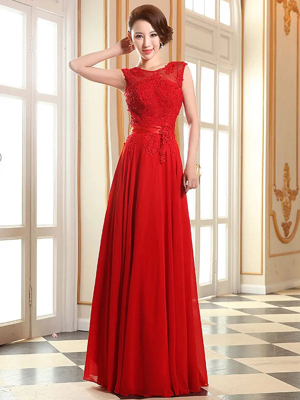 Eleagnt Evening Dresses Soft Pink Lace Applique Evening Dresses Chiffon Sleeveless Sash Floor Length Formal Gowns