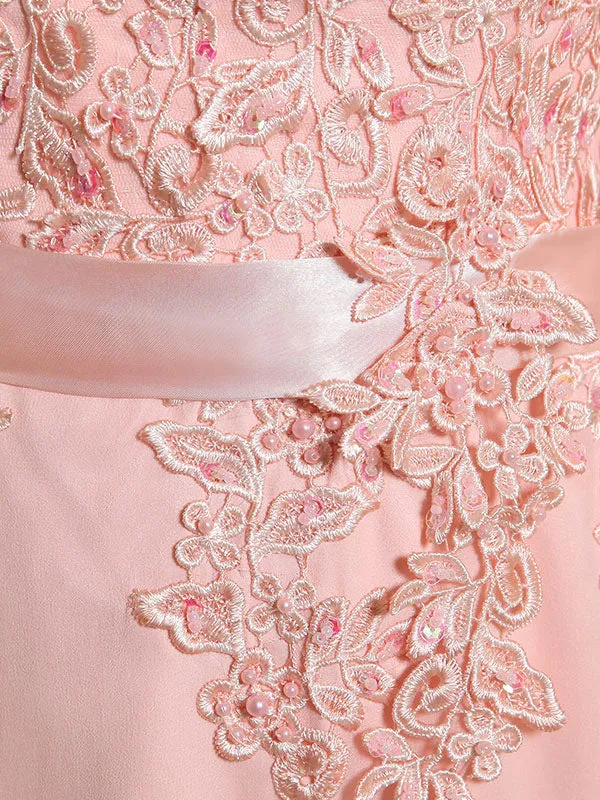 Eleagnt Evening Dresses Soft Pink Lace Applique Evening Dresses Chiffon Sleeveless Sash Floor Length Formal Gowns