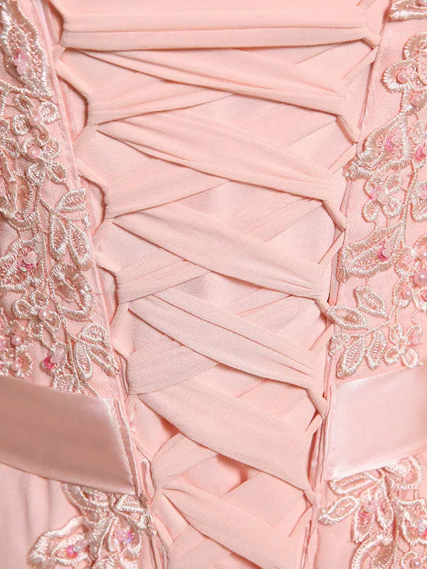 Eleagnt Evening Dresses Soft Pink Lace Applique Evening Dresses Chiffon Sleeveless Sash Floor Length Formal Gowns