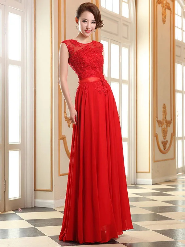 Eleagnt Evening Dresses Soft Pink Lace Applique Evening Dresses Chiffon Sleeveless Sash Floor Length Formal Gowns