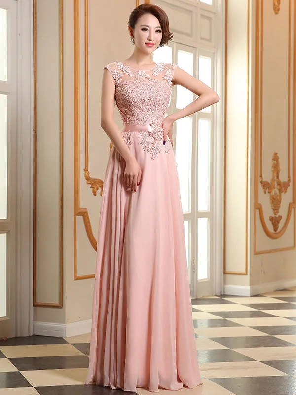 Eleagnt Evening Dresses Soft Pink Lace Applique Evening Dresses Chiffon Sleeveless Sash Floor Length Formal Gowns