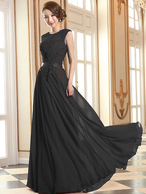 Eleagnt Evening Dresses Soft Pink Lace Applique Evening Dresses Chiffon Sleeveless Sash Floor Length Formal Gowns
