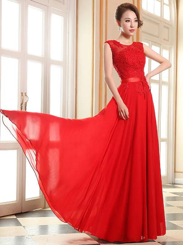 Eleagnt Evening Dresses Soft Pink Lace Applique Evening Dresses Chiffon Sleeveless Sash Floor Length Formal Gowns