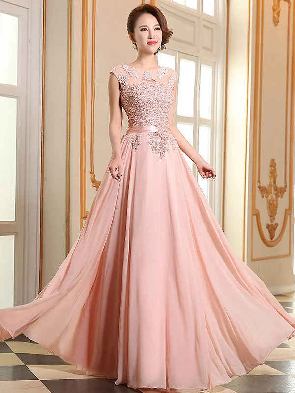 Eleagnt Evening Dresses Soft Pink Lace Applique Evening Dresses Chiffon Sleeveless Sash Floor Length Formal Gowns