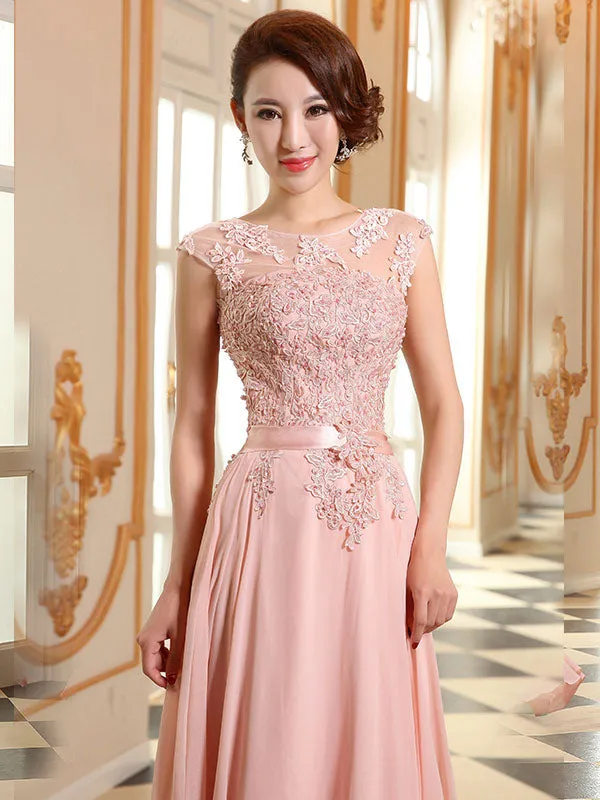 Eleagnt Evening Dresses Soft Pink Lace Applique Evening Dresses Chiffon Sleeveless Sash Floor Length Formal Gowns