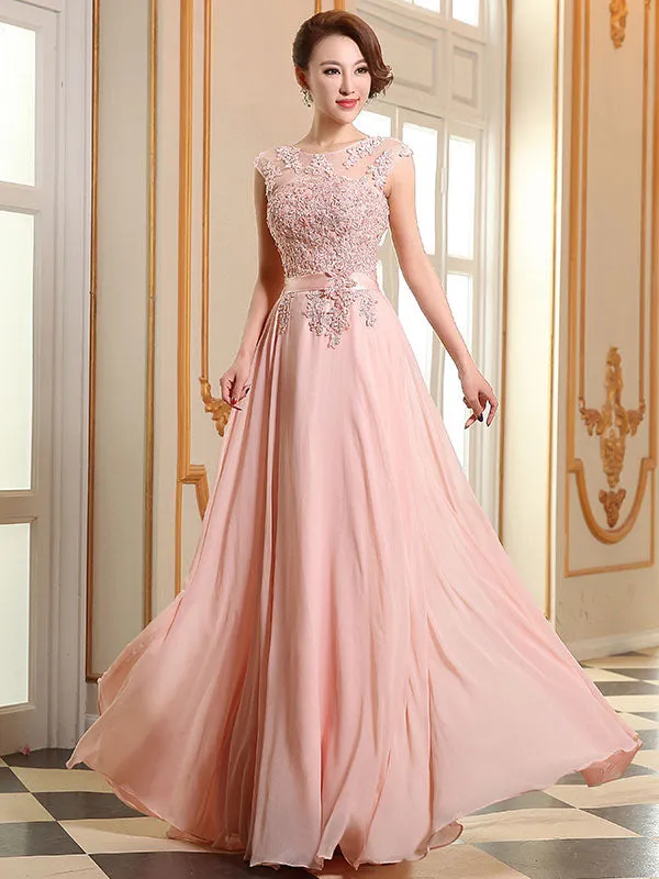 Eleagnt Evening Dresses Soft Pink Lace Applique Evening Dresses Chiffon Sleeveless Sash Floor Length Formal Gowns