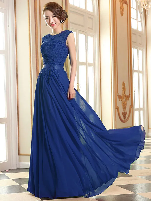 Eleagnt Evening Dresses Soft Pink Lace Applique Evening Dresses Chiffon Sleeveless Sash Floor Length Formal Gowns