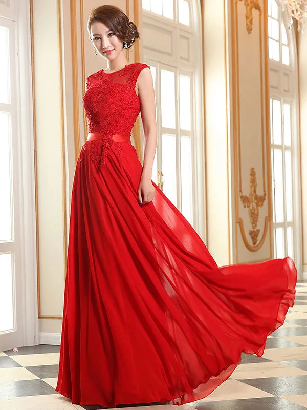 Eleagnt Evening Dresses Soft Pink Lace Applique Evening Dresses Chiffon Sleeveless Sash Floor Length Formal Gowns