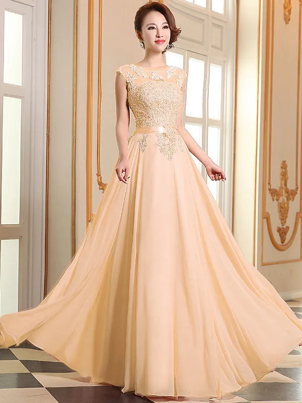 Eleagnt Evening Dresses Soft Pink Lace Applique Evening Dresses Chiffon Sleeveless Sash Floor Length Formal Gowns