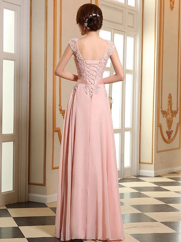Eleagnt Evening Dresses Soft Pink Lace Applique Evening Dresses Chiffon Sleeveless Sash Floor Length Formal Gowns