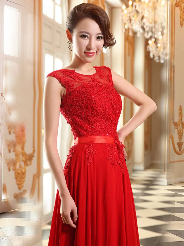 Eleagnt Evening Dresses Soft Pink Lace Applique Evening Dresses Chiffon Sleeveless Sash Floor Length Formal Gowns