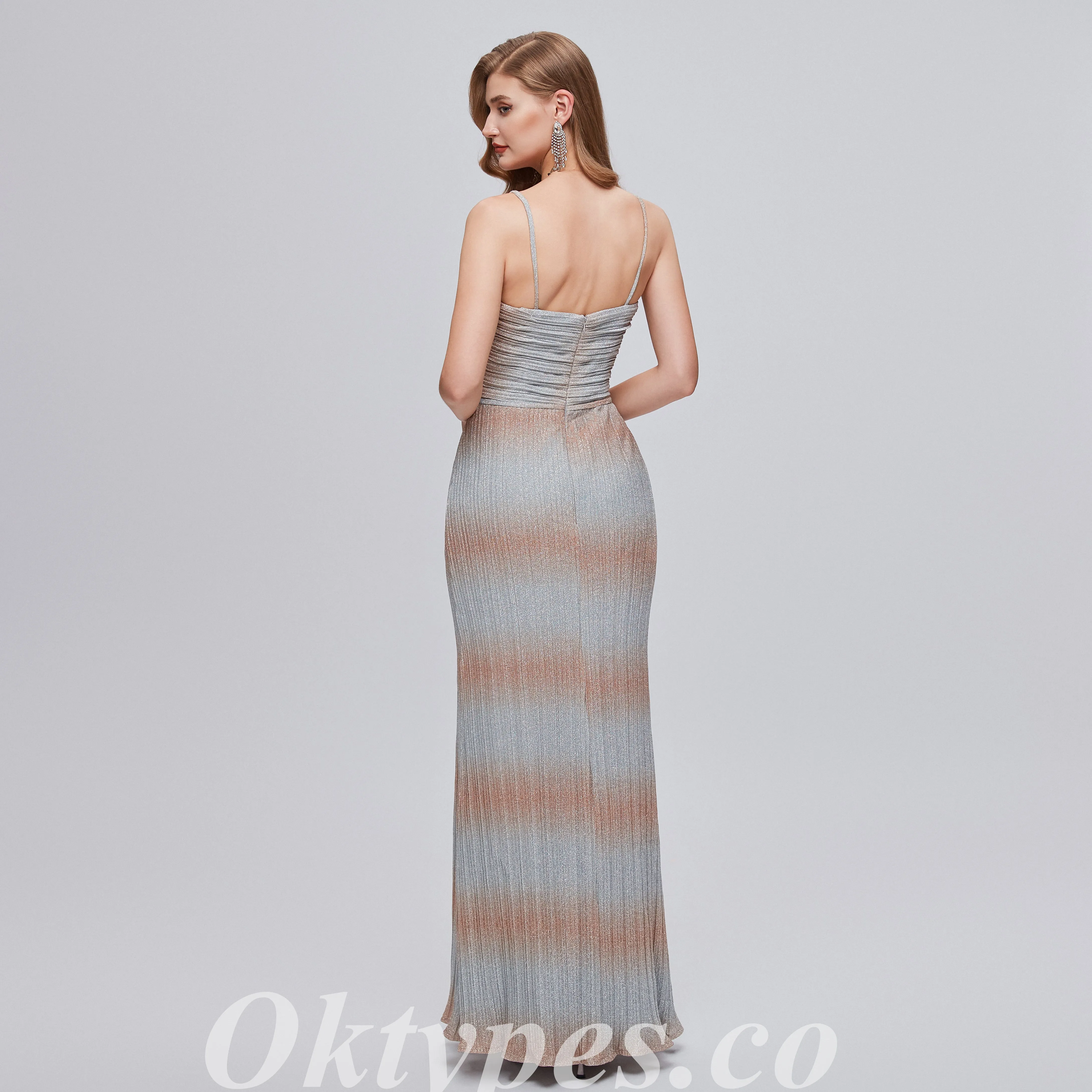 Elegant Special Fabric Spaghetti Straps V-neck Sheath Side Slit Long Prom Dresses,PDS0467