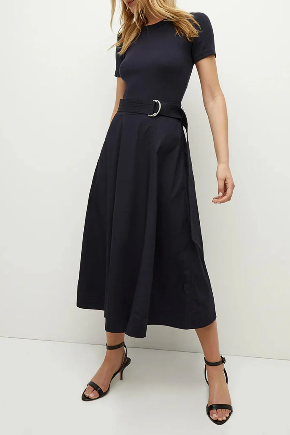 Facia Mixed-Media Dress in Navy