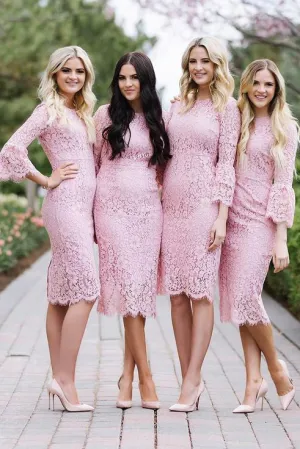 Fashion Sheath Jewel Long Sleeves Pink Lace Knee Length Bridesmaid Dresses OK767
