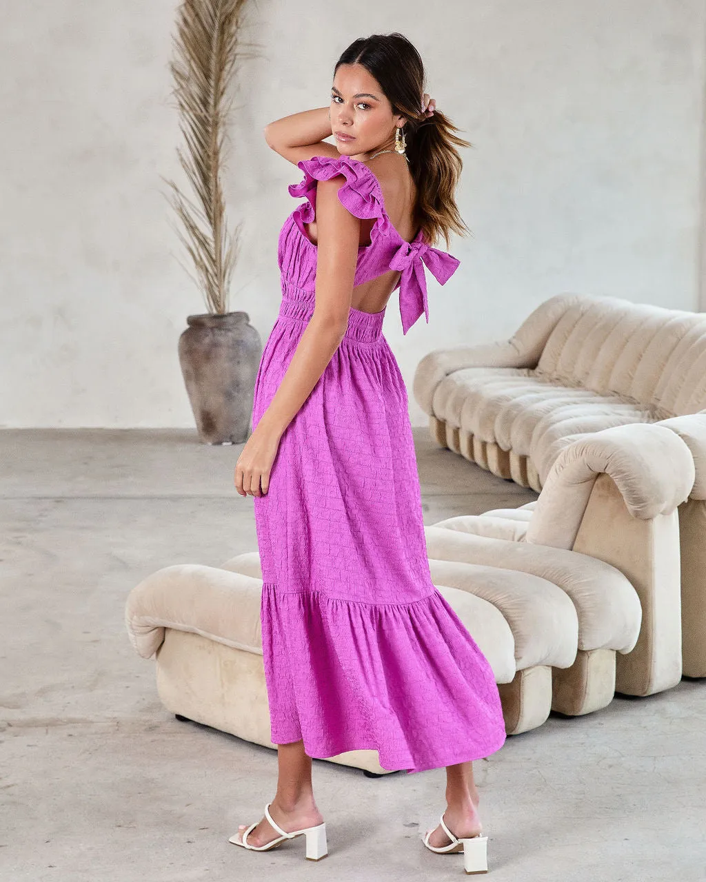 GEORGIANA TEXTURED RUFFLE MIDI DRESS - ORCHID