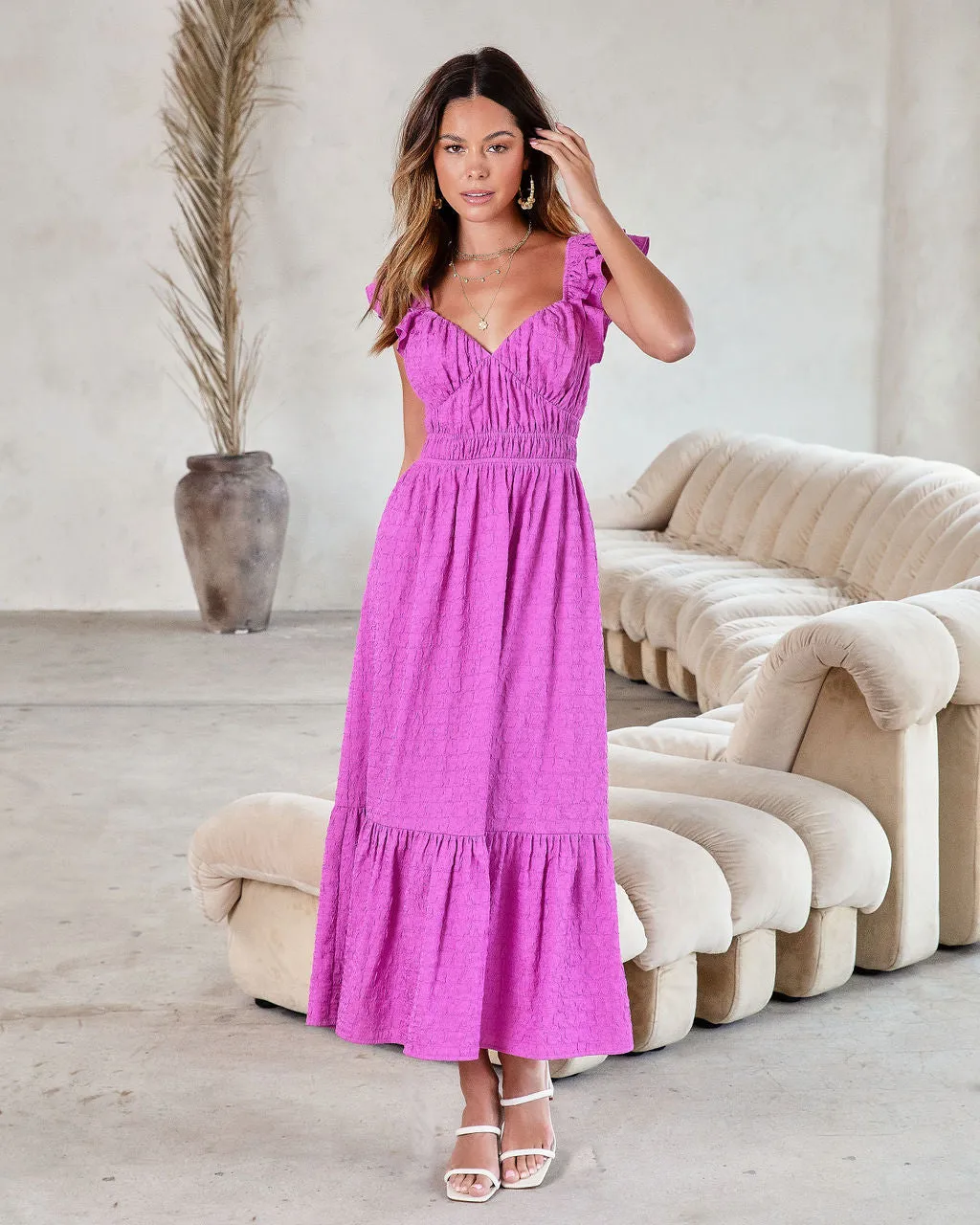 GEORGIANA TEXTURED RUFFLE MIDI DRESS - ORCHID