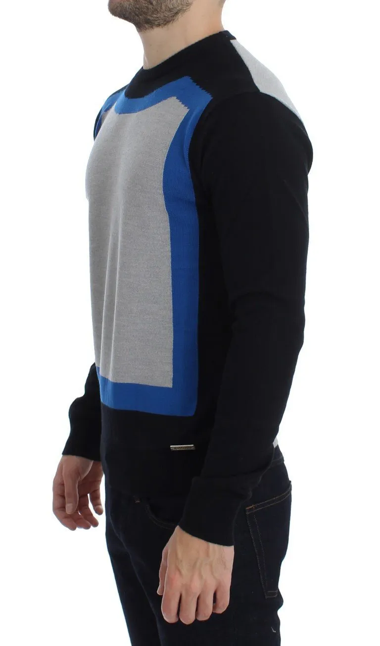 Gray Black Blue Wool Blend Crewneck Sweater