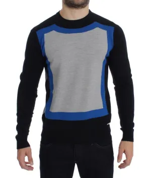Gray Black Blue Wool Blend Crewneck Sweater