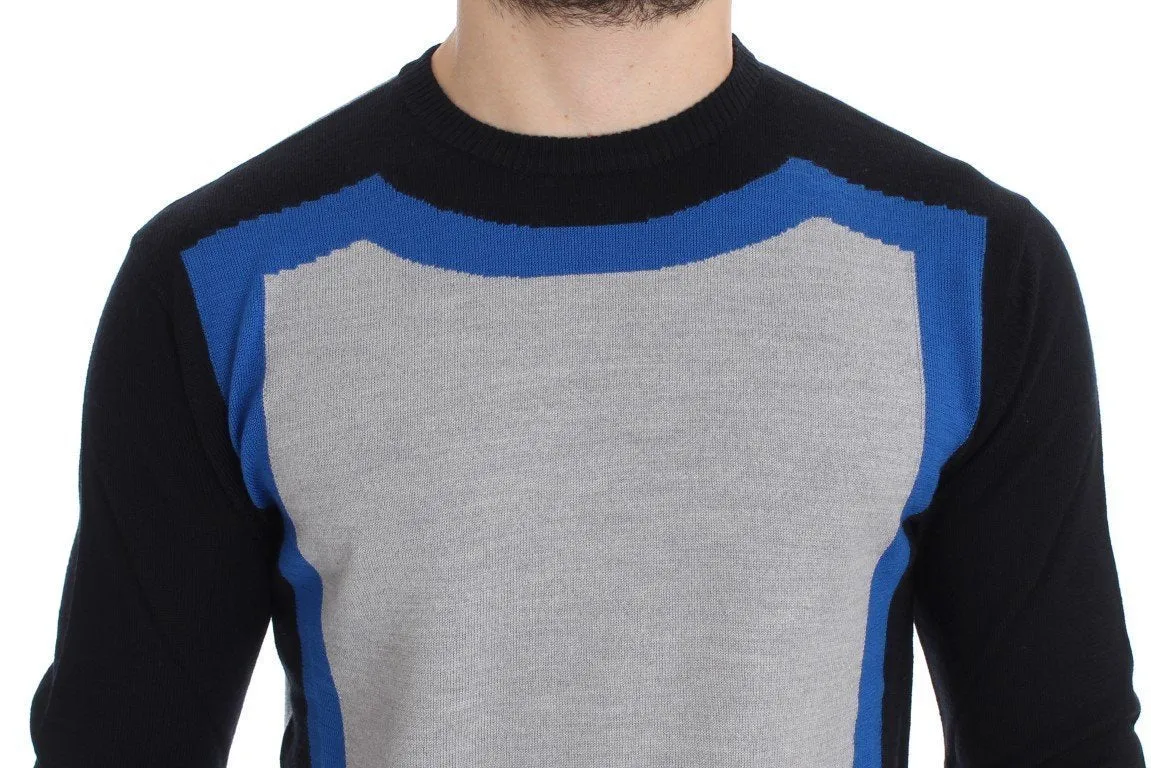 Gray Black Blue Wool Blend Crewneck Sweater