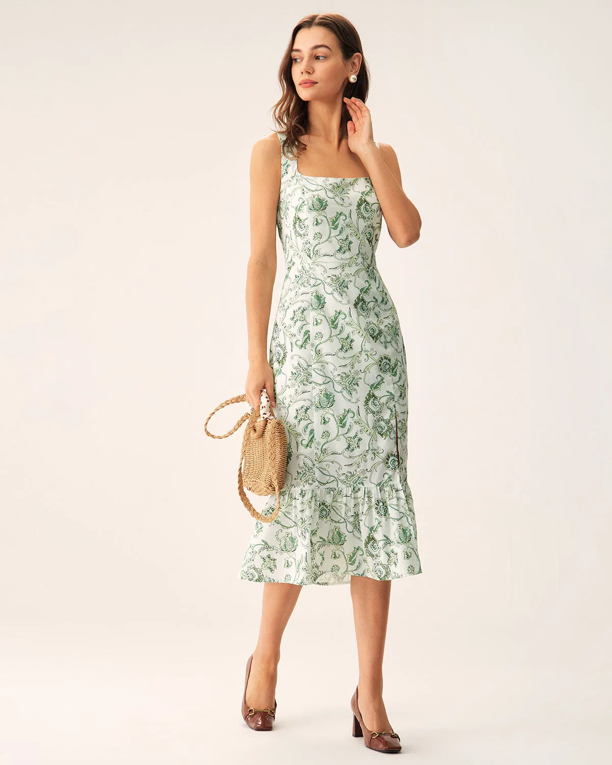 Green Floral Square Neck Midi Dress