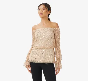 Hand-Beaded Off-The-Shoulder Blouson Top In Champagne Gold