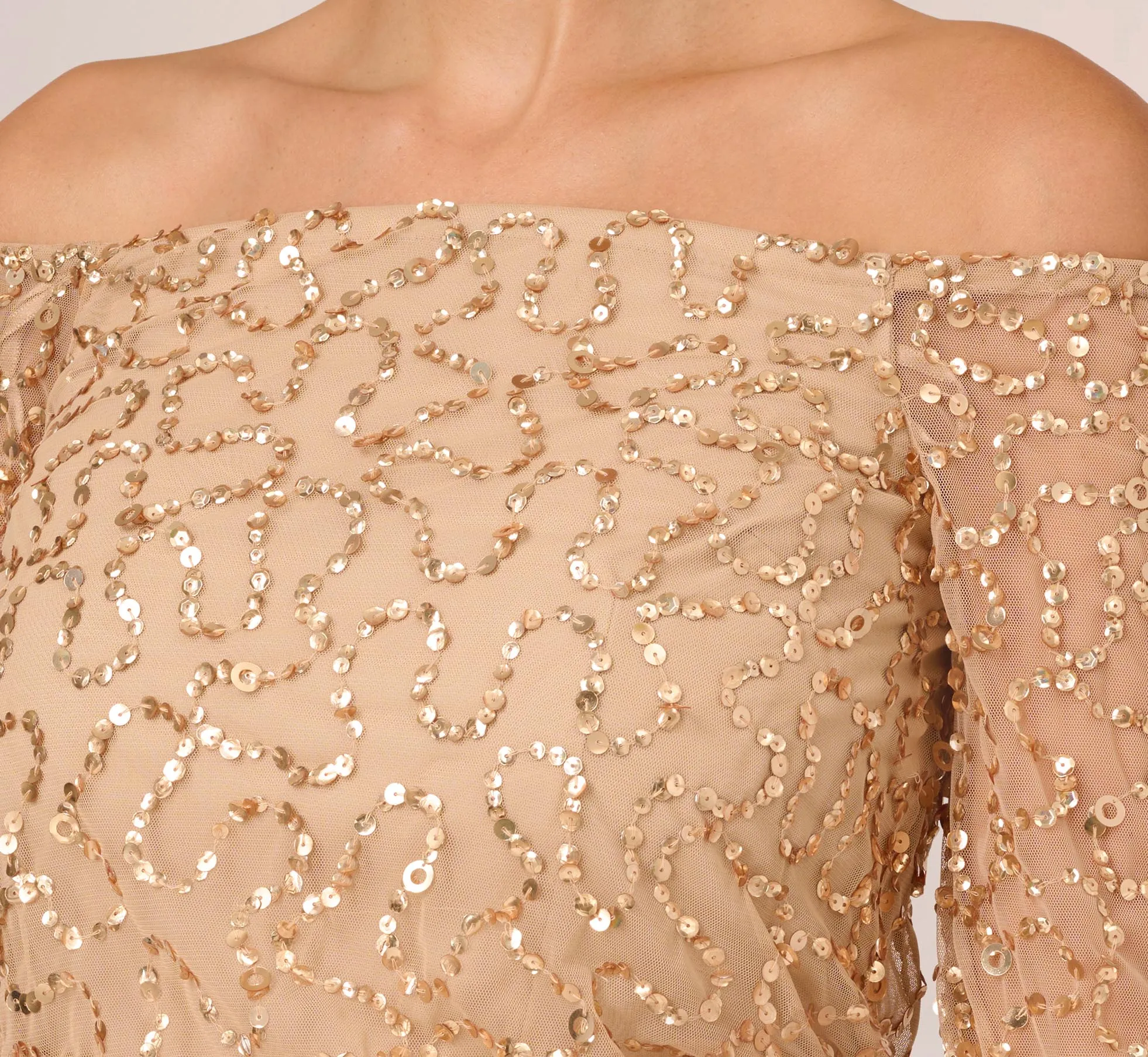 Hand-Beaded Off-The-Shoulder Blouson Top In Champagne Gold