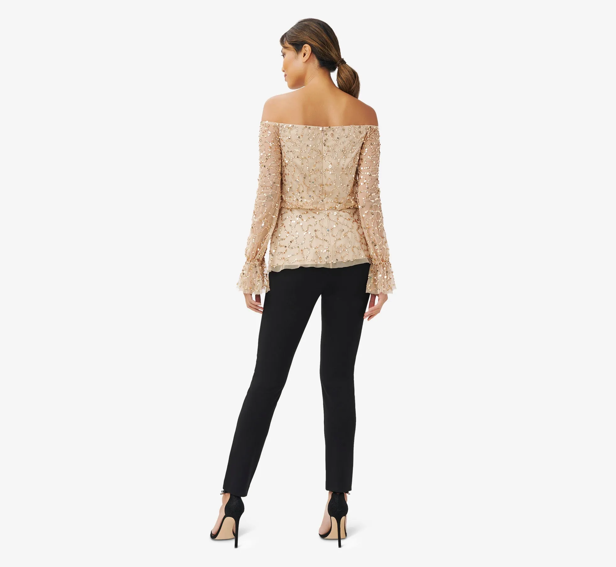 Hand-Beaded Off-The-Shoulder Blouson Top In Champagne Gold