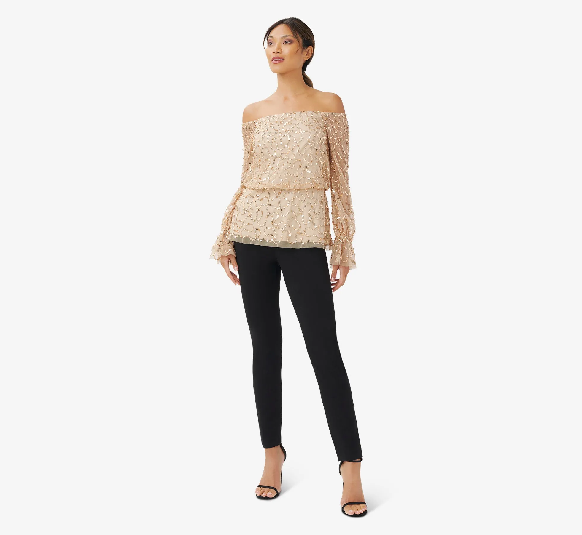 Hand-Beaded Off-The-Shoulder Blouson Top In Champagne Gold