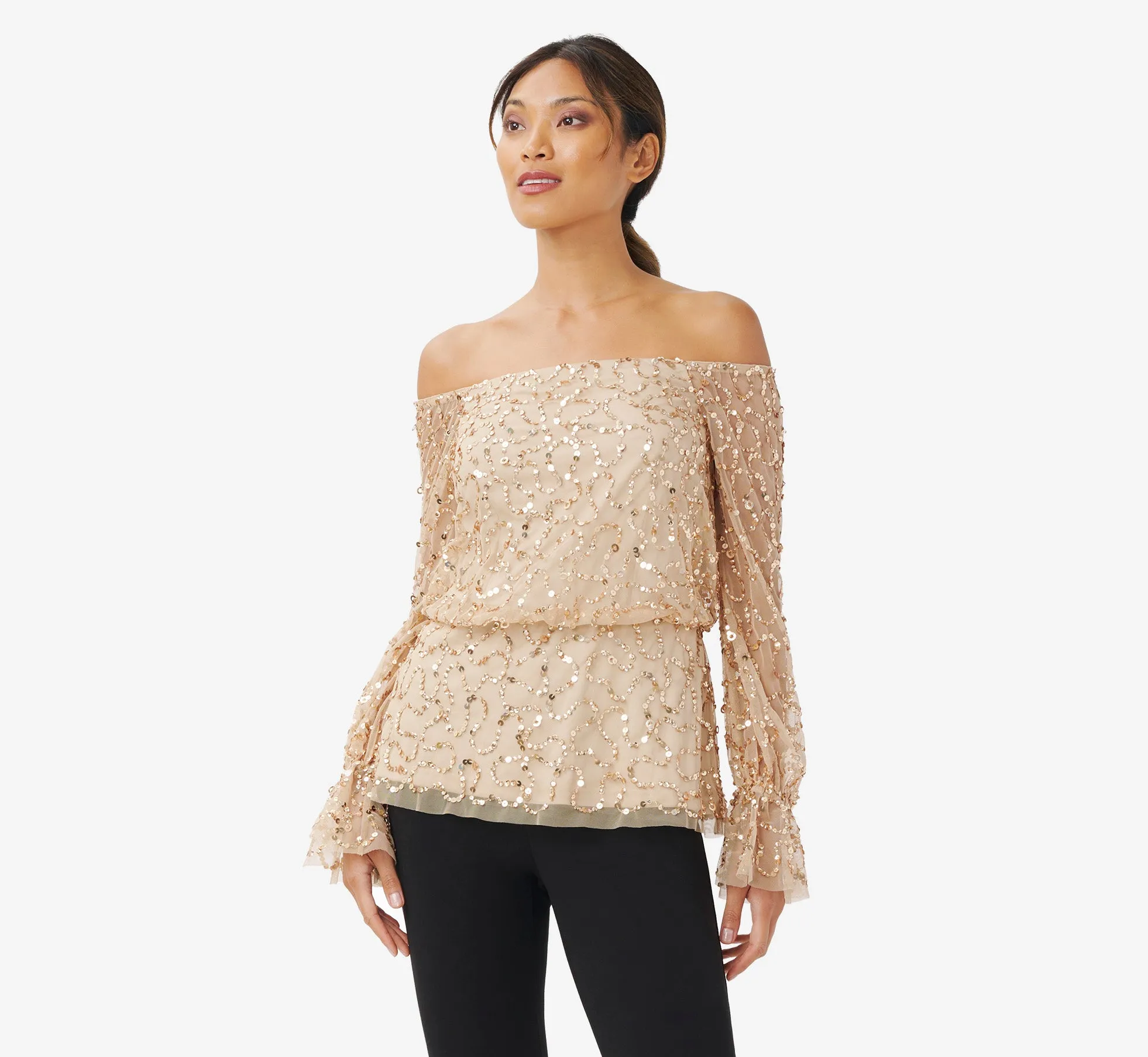 Hand-Beaded Off-The-Shoulder Blouson Top In Champagne Gold
