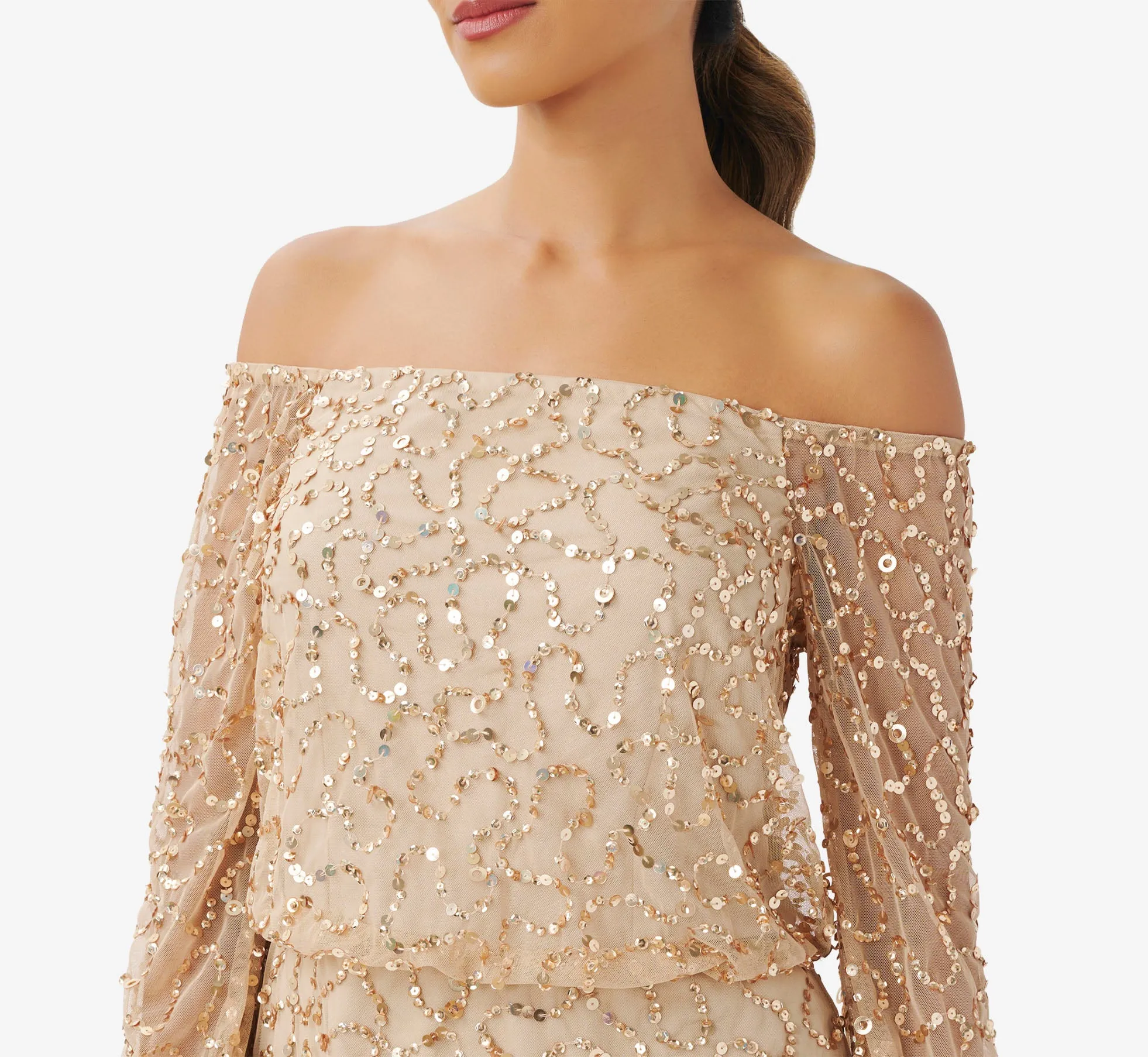Hand-Beaded Off-The-Shoulder Blouson Top In Champagne Gold