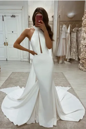 High Collar Simple Bride Dress with Long Train