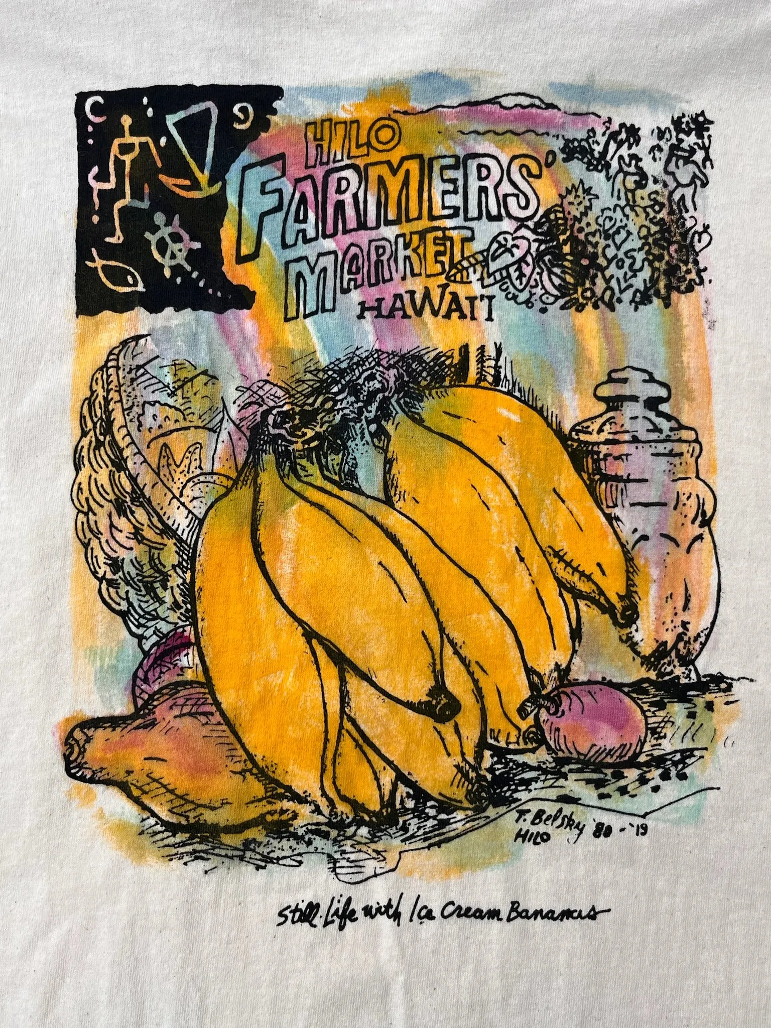 Hilo Farmer's Market (Bananas) - a hand printed and hand colored shirt